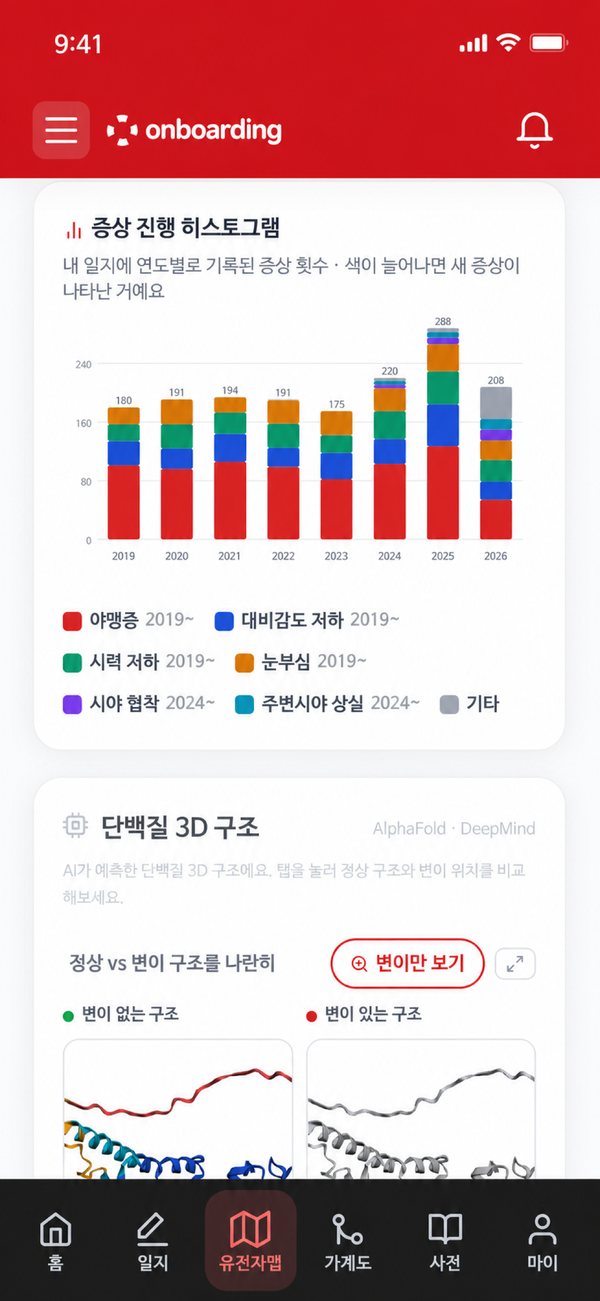 온보딩 앱 인사이트 화면 - 연도별 증상 진행 히스토그램과 단백질 3D 구조